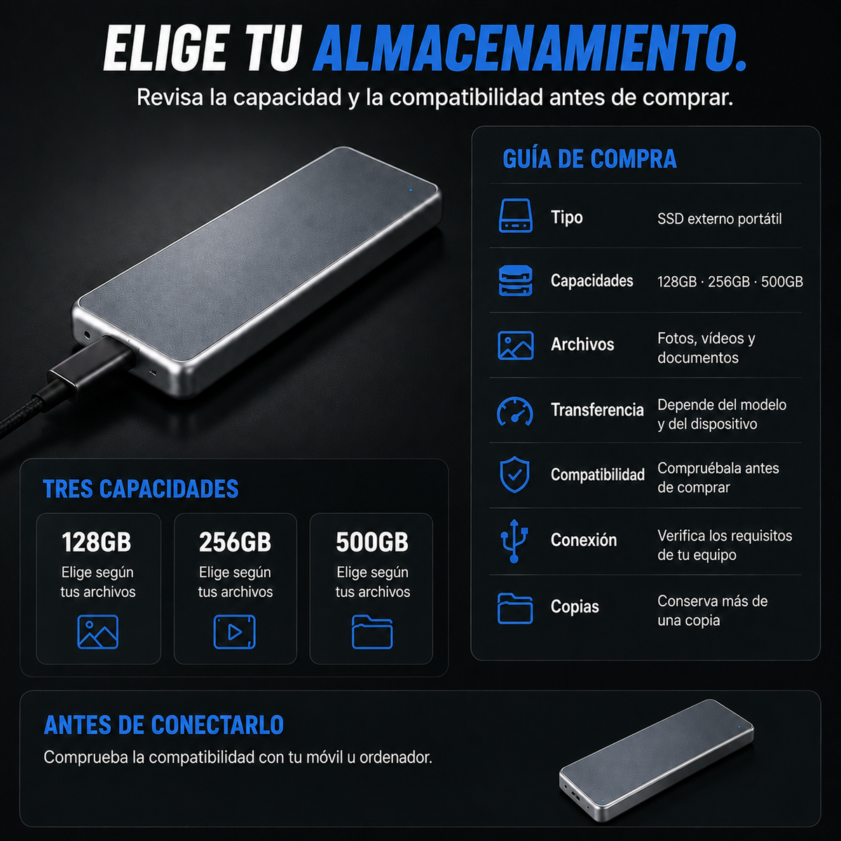 SSD externo portátil para fotos, vídeos y archivos