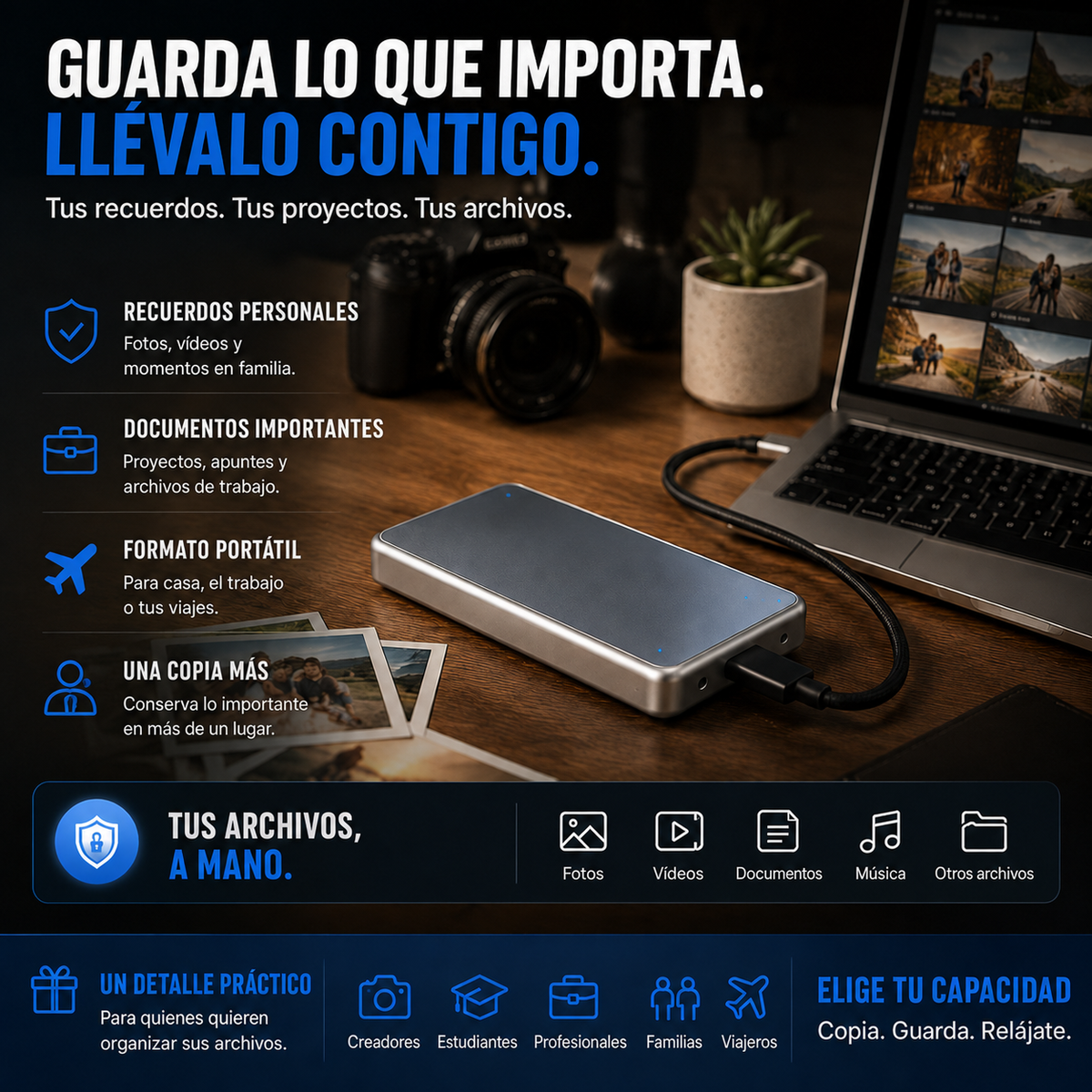 SSD externo portátil para fotos, vídeos y archivos